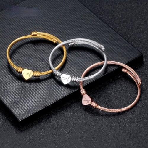 Fashion Girls Gold Color Stainless Steel Heart Bracelet Bangle With Letter Fashion Initial Alphabet Charms Bracelets For Women