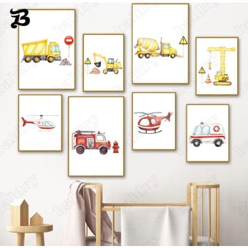 Canvas Poster Cartoon Wall Art Canvas Painting Helicopter Police Car Ambulance Posters Prints Wall Pictures for Baby Room Decor