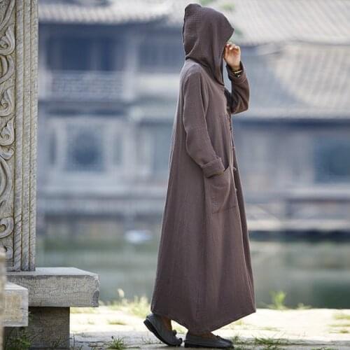 Spring summer double layer cotton linen womens original retro hooded cloak dresses female button cardigan long sleeve dress
