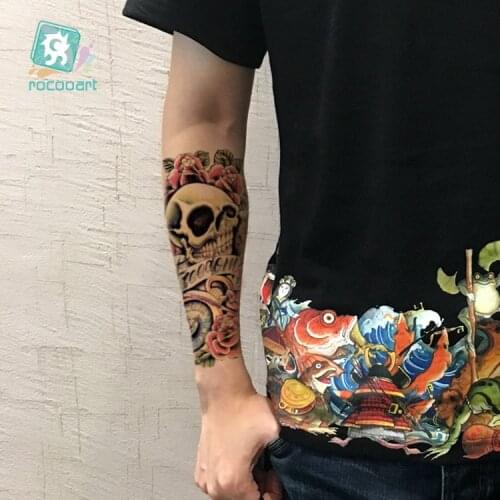 Rocooart 2019 Big Tattoo Sticker Cool Halloween Fake Arm Sleeve Horror Skull Designs Temporary Tattoo For Men Arm