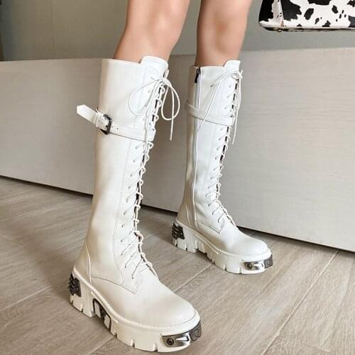 Punk Boots Women Genuine Leather Knee High Boots Female Motorcycle Boots Night Club Shoes Woman Platform Chunky Heels