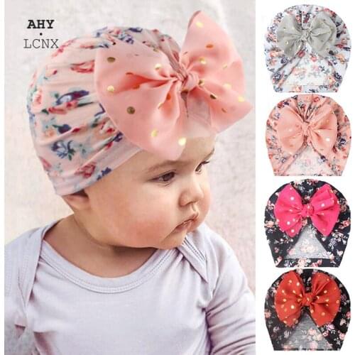 Floral Baby Hat dot sequins Big Bowknot Baby Girl Hat Turban Knot Head Wraps Baby Kids Bonnet Beanie Newborn Photography Props