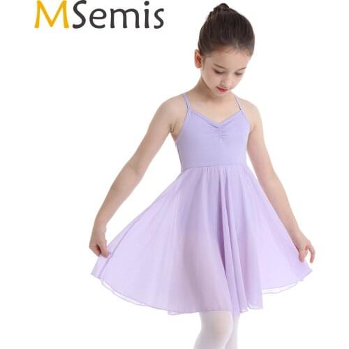 Girls Spaghetti Straps Chiffon Ballet Tutu Dress Gymnastics Leotard Dress Kids Teens Stage Contemporary Lyrical Dance Costumes
