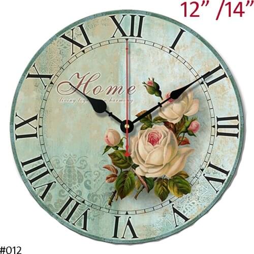 Unique French Style Design Light Blue White Rose Wooden MDF Round Wall Hanging Clock