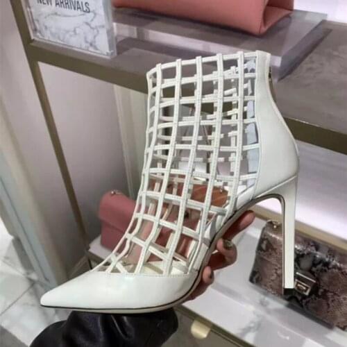 Hollow Outs Short Boots Women Pumps Heels Mesh Pointed Toe Thin Heels Cool Boots Fashion Zip Sexy Ankle Booties Solid Lady Shoe