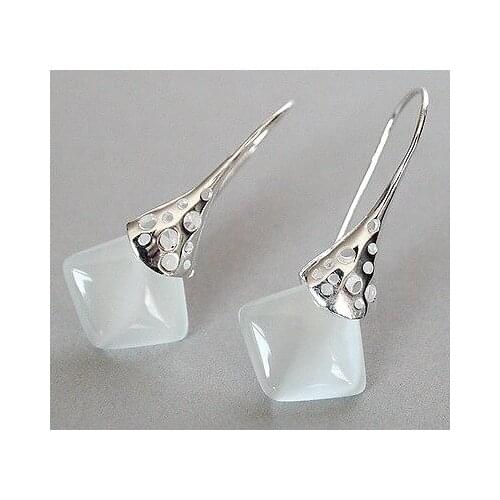 Ladys unique 925 Silver white opal noble hook Earrings 11/2"