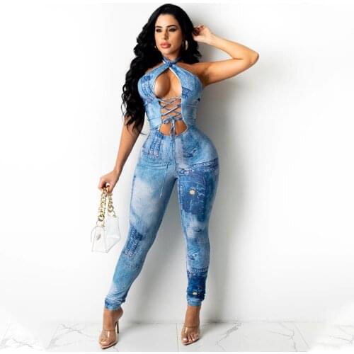 Halter Lace Up Crisscross Drawstring Tied Long Jumpsuit Light Blue Vintage Bandage Jumpsuit Women Sexy Printed Hollow Out Rompe