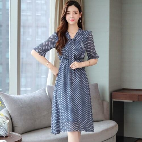 Womens 2020 Red Polka Dot Chiffon Dress Women New Summer V-neck Lotus Leaf Sleeves Long Popular Mujer Blue Vestidos Female A957