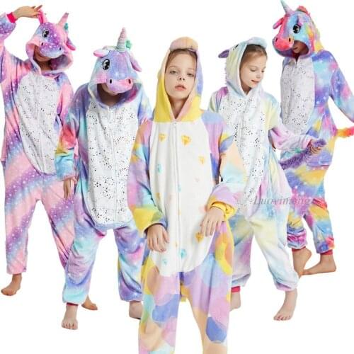 Girls Boys Winter Kigurumi Unicorn Pajamas Cartoon Anime Animal Onesies Kids Sleepwear Flannel Warm Stitch Unicorn Pyjamas Women