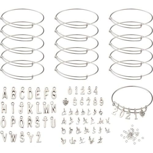 1 Set DIY Bangle Making Letter Alphabet Alloy Pendants Stainless Steel Bangles Brass Jump Rings for Jewelry Making DIY Supplies