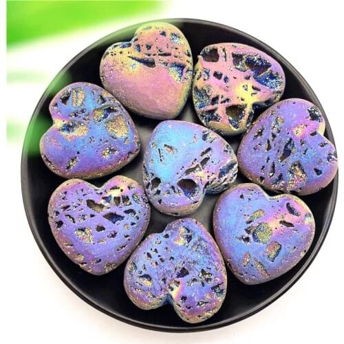 1PC Raw Natural Sphalerite Cluster Heart Shaped Electroplated Titanium Colourful Aura Carved Stone Healing Crystal Home Decor