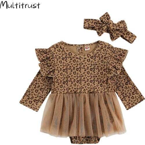 2020 Baby Girls Bodysuits Spring Fall Infant Baby Girls Leopard Print Long Sleeve Bodysuits Jumpsuits Tulle Lace Dress 0-18M