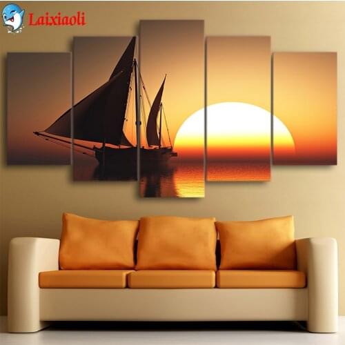 Diamond Mosaic Natural landscape, sailing boat on the sea at sunset Picture Of Diamond Painting Cross Stitch Embroidery5pcs