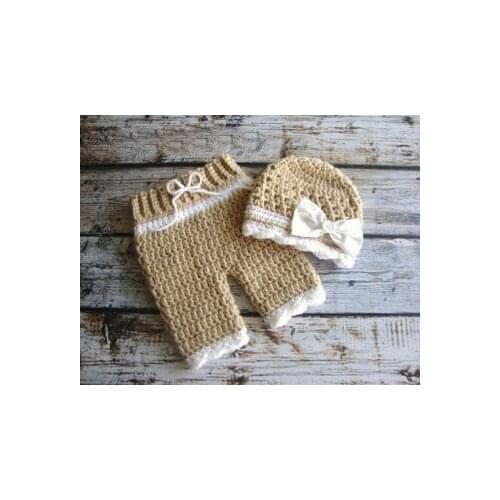 Free shipping,cute crochet baby girls khaki bow hat matching pants baby sets newborn photography props 100% cotton