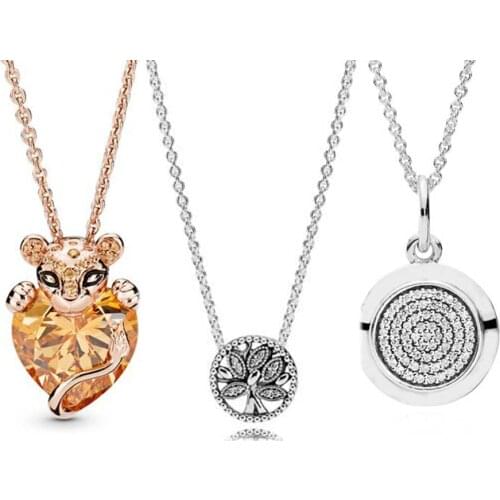 Original Rose Lioness Signature With Crystal Pendant Necklace For Women Gift Pandora DIY Jewelry 925 Sterling Silver Necklace