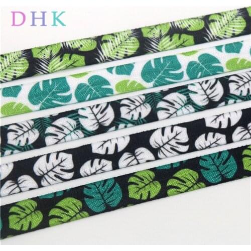 DHK 5/8'' 10yards leafs printed Fold Elastic FOE stretch ribbon hairbow headwear headband DIY OEM B1783