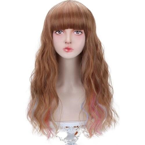 Free Beauty Long Wavy Synthetic Multicolor Chestnut Auburn Pink Purple Blue Hair Wig with Bangs for Women Lolita Cosplay Costume