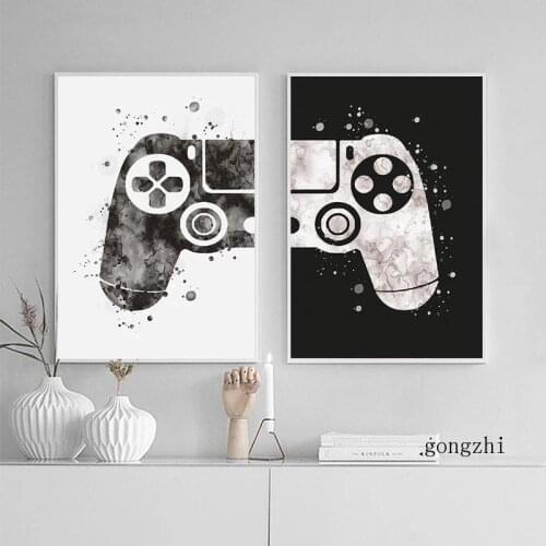 Watercolor Boys Game Canvas Painting Black and White Poster Print Gamepad Joystick Wall Art Pictures for Kids Room Home Decor