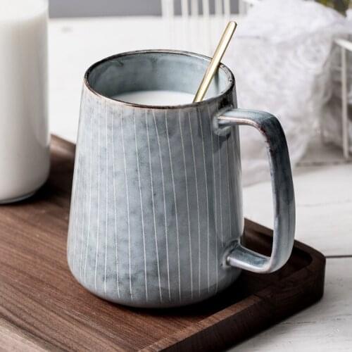 Retro Bone China Coffee Cup with Spoon Simple Modern Milk Mugs Japanese Large Ceramic Striped Mugs Home Brief Chrismas Gifts