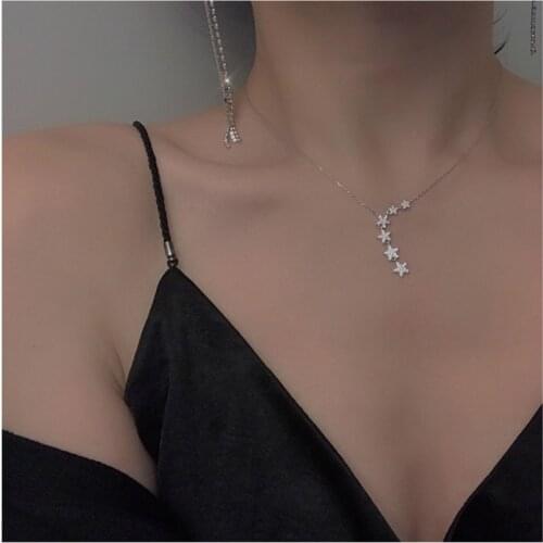 Trendy 925 Sterling Silver Dazzling Cubic Zirconia Shiny Star Pendant Necklace For Women Gift Star Choker Wedding Jewelry NK002