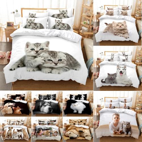 3D HD Dog Cat Quilt Cover Pillow Case Animal Bed Set Linen Bedclothes King Queen Twin Single Double 3PCS 2PCS European US