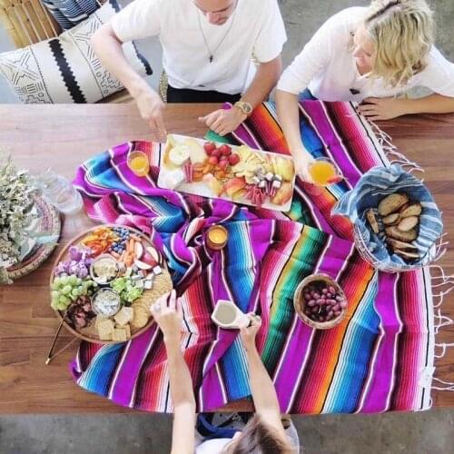 Multifunction Table Flag Ethnic Wind Blanket Beach Towel Mexican Style Picnic Handmade Striped Blanket Tassel Travel Portable