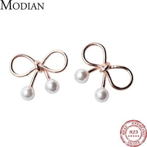 Modian Rose Gold Color Fashion Bowknot Pearl Stud Earrings For Women Real 925 Sterling Silver Charm Tiny Cute Exquisite Jewelry
