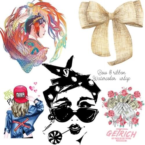 Fashion Girl Patch Flower Thermo Stickers On Clothes Women T-shirt Stripe Applique Iron On Transfer For Clothing Hippie Patch