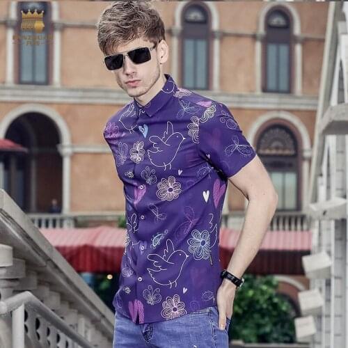 Fanzhuan Free Shipping New fashion casual male mens short sleeved summer Graffiti Printed purple shirt 713044 blouse man