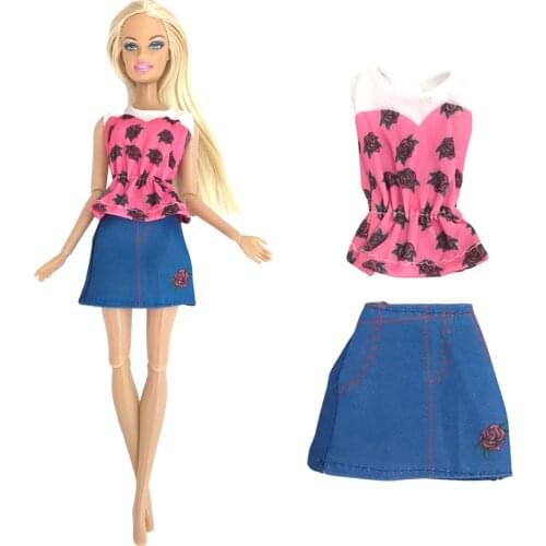 NK 1 Set Fashion Pattern Clothes For 1/6 Doll Pink T-shirt Outfit Blue Skirt Dress Up Outfit for Barbie Doll Accessories Toys