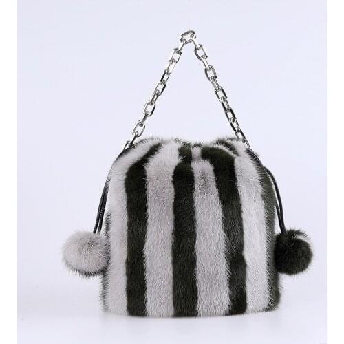 2021New Arrival Women Tote Handbag Round Shape New Fashion Plush Cylinder Bucket Bag Real Mink Fur Bags