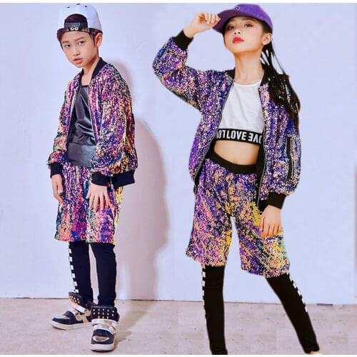 New Jazz Dance Costumes Boys Girls Hiphop Performance Costumes Hip Hop Multicolor Sequins Long Sleeved Street Dance Wear DN1797