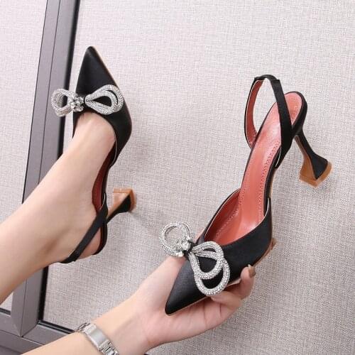 Pointed High Heel Shoes 2021 New Early Spring Closed Toe Sandals Women Bow Rhinestone Wine Glass Heel Womens Shoes