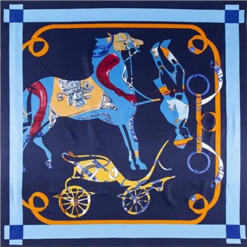 POBING 100% Silk Scarf Women Large Shawls Horse Carriage Print Stoles Square Bandana Big Kerchief Scarf Female Foulards 130CM