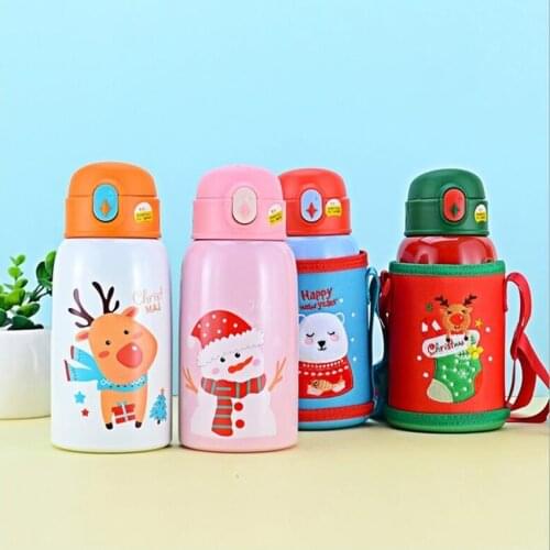Christmas Gift Children Water Bottle Stainless Steel Insulated Bottle with Straw Lid, 600ml, Snowman, Elk, Bear Flask Travel Mug