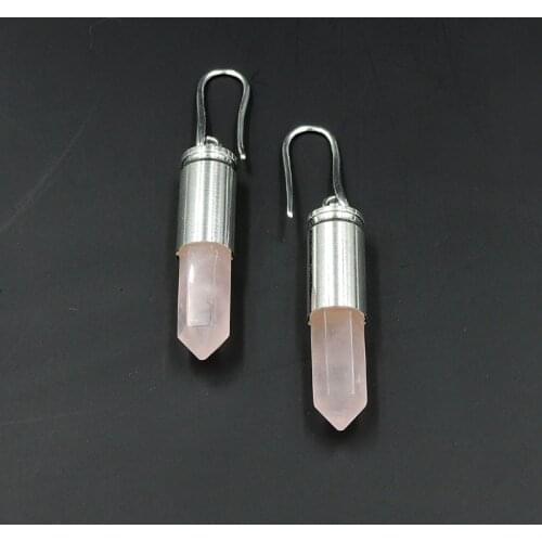 Pink Quartz Crystal Hexagon Pillar Point Earrings With Gluing Bullet Shell Cap Of Plating Platina Approx 37*8 mm
