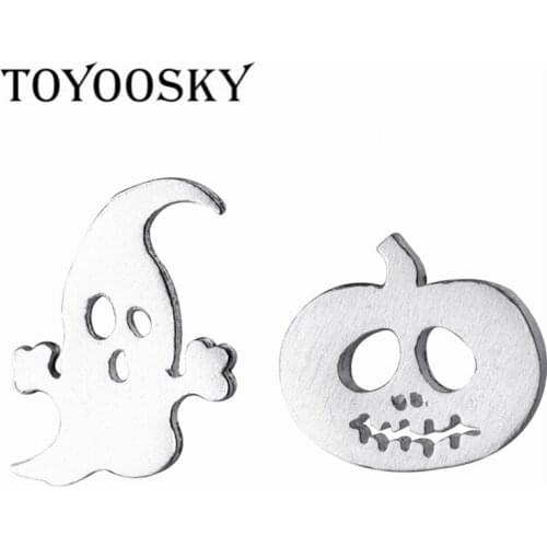 TOYOOSKY New Design Asymmetric Cartoon Pumpkin Ghost Stud Earrings s925 For Women Girls Jewelry Easter Day Gift
