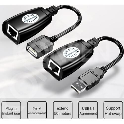 USB Extender Adapter 50m Single RJ45 Ethernet CAT5E 6 Up to 150ft Cable USB 2.0 Extension Extender Adapter for Laptop DVR Mouse