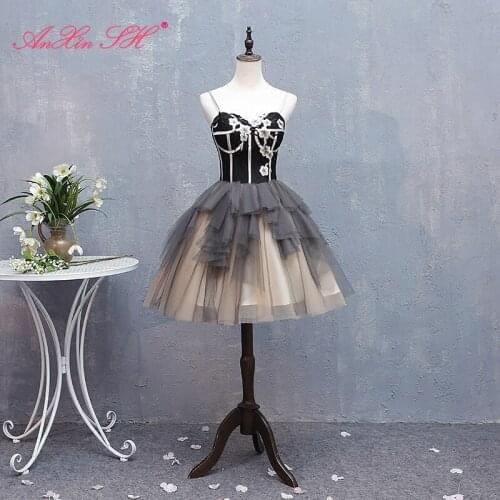 AXJFU princess black lace flower evening dress party vintage sweetheart beading flower ruffles evening dress little black dress