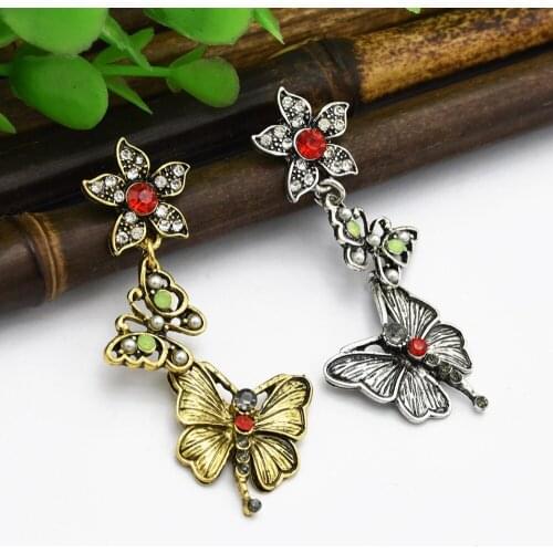 Tassel Pendant Earrings Ethnic Vintage Rhinestone Dragonfly Butterfly Flower Shaped Lady Long Earrings