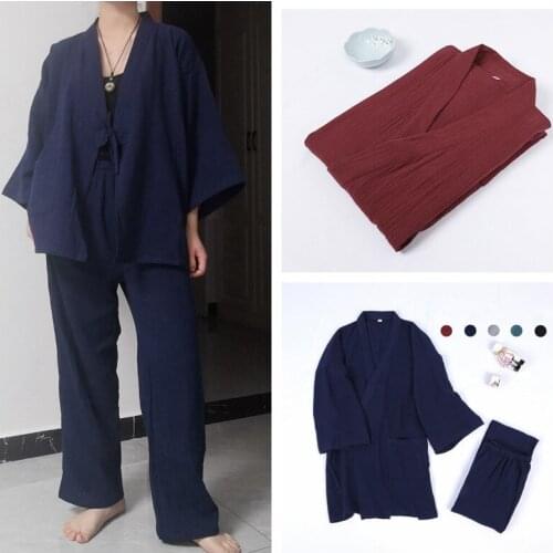 Japanese Ancient Style Pajamas Pants Set Woman & Mens Sleep & Lounge Kimono Yukata Bathrobe Obi Outfits Nightgown Leisure Wear
