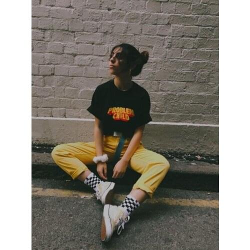 HAHAYULE-JBH Problem Child Aesthetic Black T-Shirt Unisex Grunge Skater Printed Tee Hipsters Street Style Summer Top