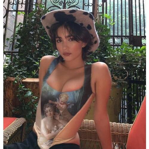 2021 New Fashion Y2K Aesthetic Print Crop Tops for Women Sleeveless Corset Vest Top Cropped Feminino Backless Club Top Tanks