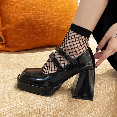 Women Pumps High Heels Square Toe Chunky Heel Buckle Black White Mary Janes Street Shoes Platform Retro Plush Wintersyt6