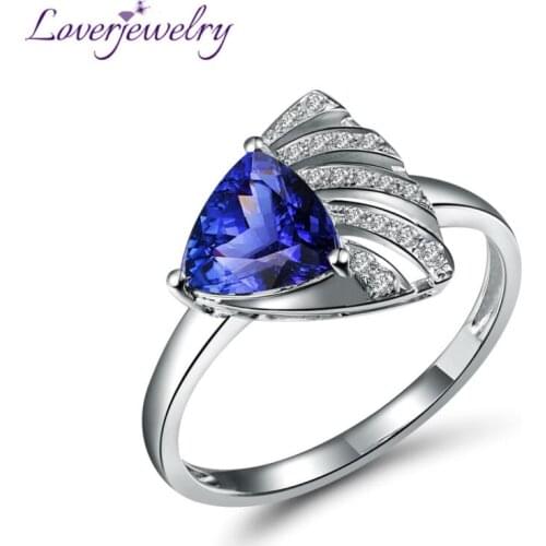 LOVERJEWELRY Tanzanite Rings Vintage Trillion 7mm Real 18kt White Gold Natural Diamond Tanzanite Ring For Women Valentines Day