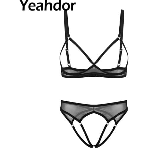 Womens See Through Sheer Mesh Sexy Lingerie Set Open Cups Bra Top with Low Rise Crotchless Briefs Femme Erotic Underwear