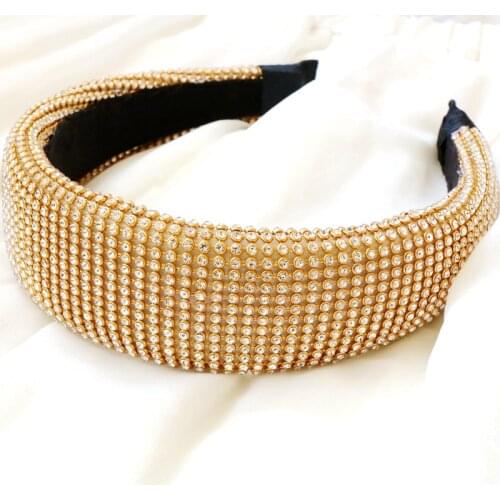 Gold Full Crystal Rhinestone Headband Women Thick Wide Luxury Party Crown Vintage Turban Hairband Nightclud Headwear Accessories
