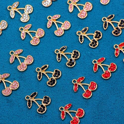 10Pcs Shiny Crystal Cute Cherry Charms Colorful Rhinestone Alloy Fruit Pendant Charm For DIY Earring Making Accessorie Wholesale