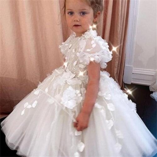 2021 Tea Length Summer Flower Girl Dresses Ball Gown Hand Made Backless Tulle Lilttle Kids Birthday Pageant Dress