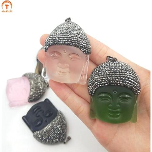 3Pcs Buddha Head Religion Belief Amulet Pendants Pave Rhinestone Multicolor Glass Crystal Beads Jewelry Findings For Necklace